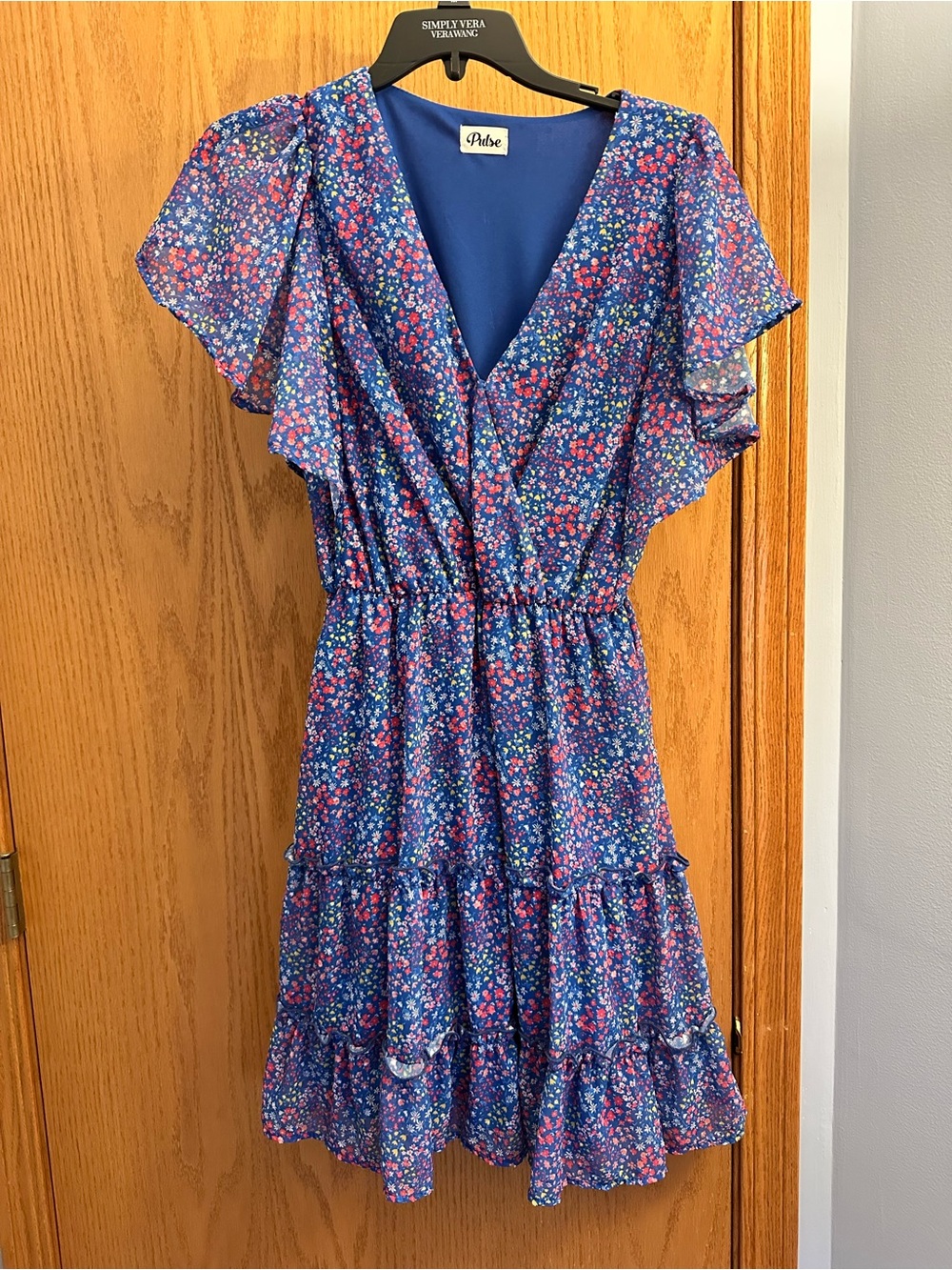 Pulse Blue Floral tiered Dress with V-Neck